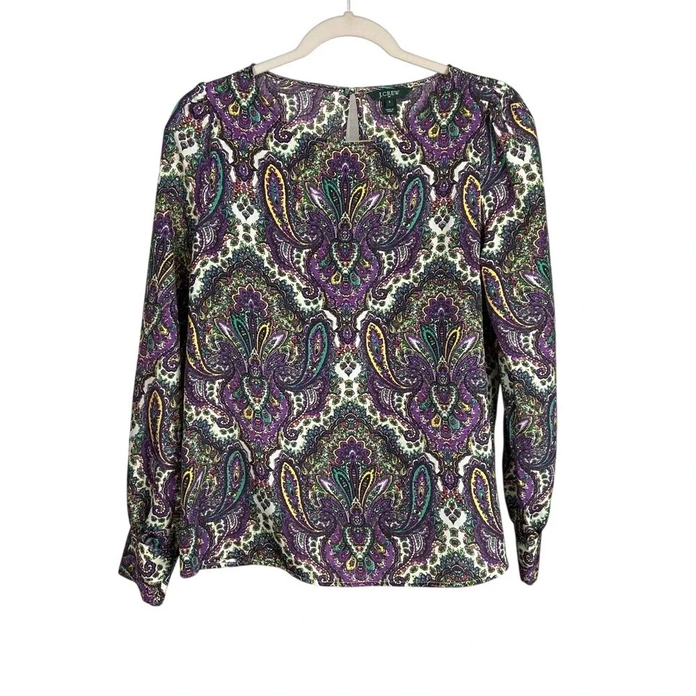 J. Crew‎ Women's Pullover Long Sleeve Blouse Puff Sleeves SMALL Purple Paisley